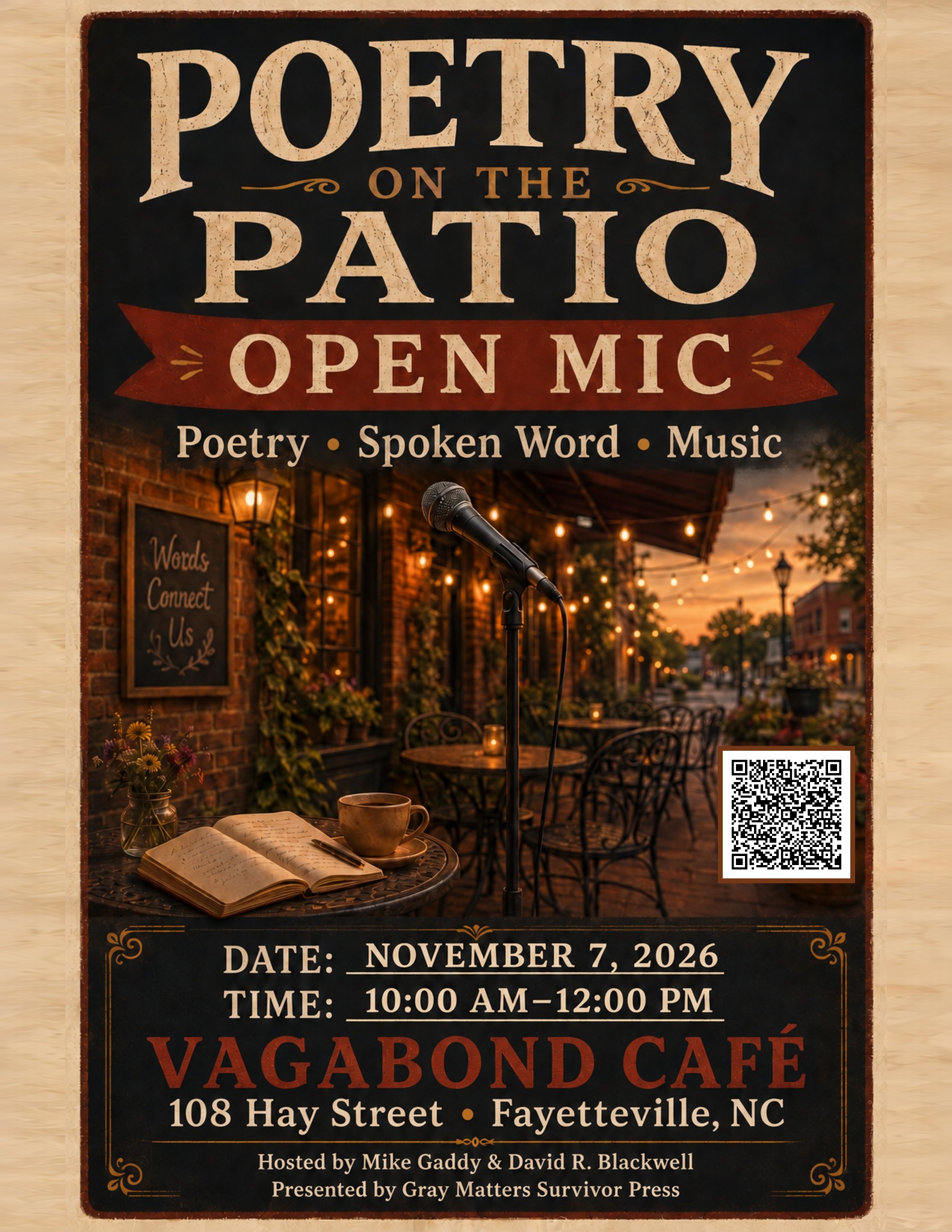 Poetry on the Patio open mic flyer for November 7, 2026