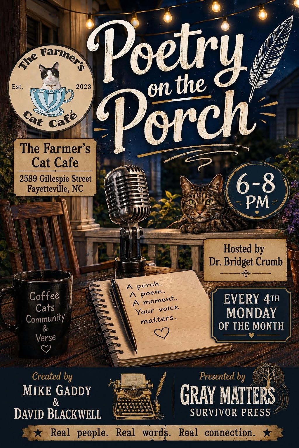 Poetry on the Porch flyer at The Farmer’s Cat Café