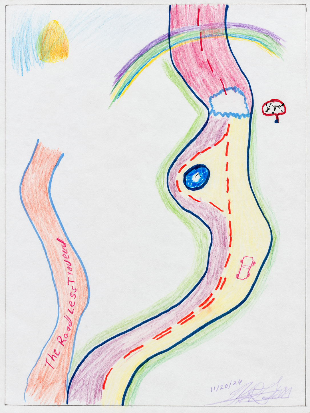 Mike Gaddy’s colored-pencil recovery drawing of a winding road beneath a rainbow, with a sun, pond, cloud, mushroom and car