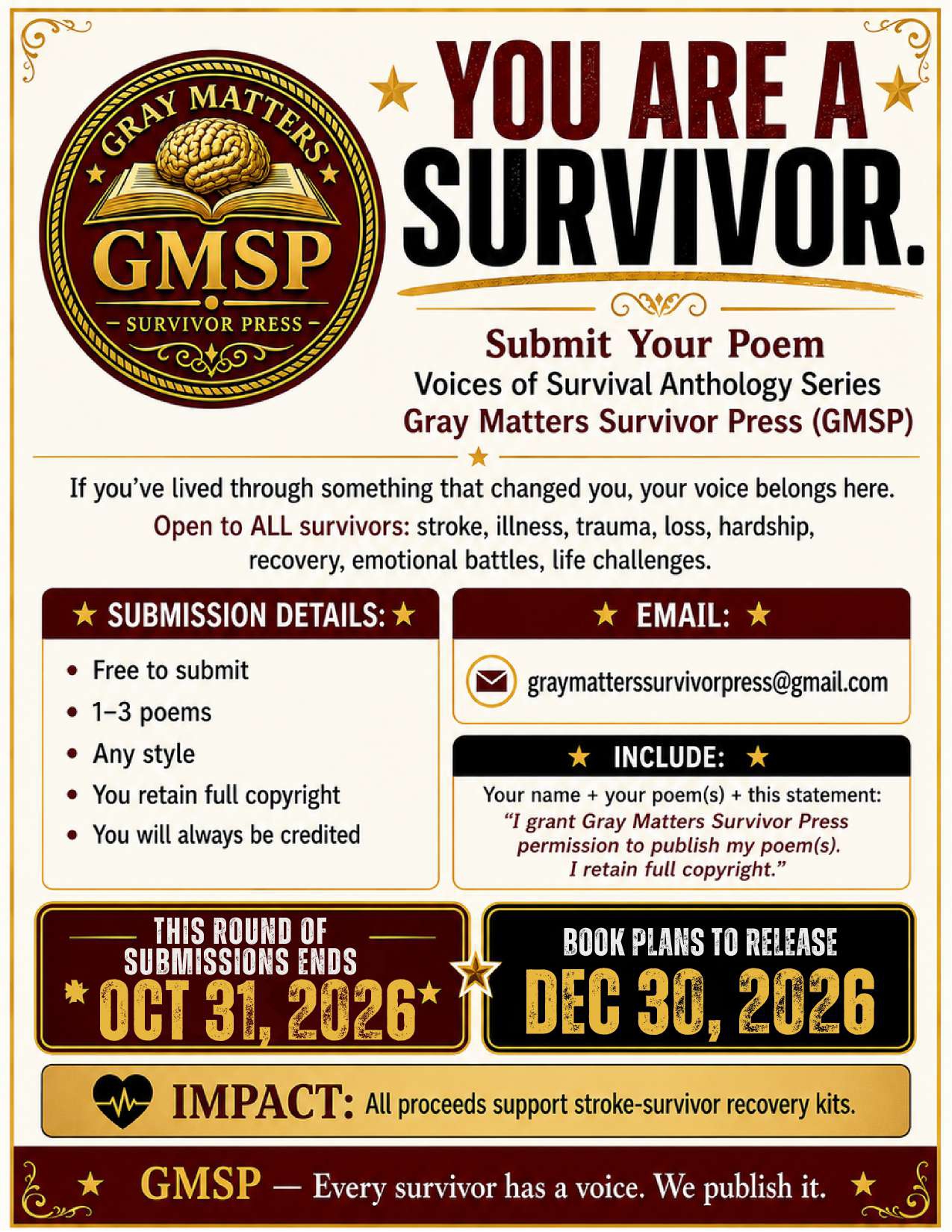Gray Matters Survivor Press call for survivor poems. Free submission of one to three poems by October 31, 2026; planned book release December 30, 2026. View full flyer for submission instructions.