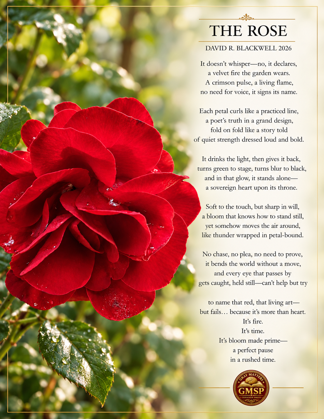 The Rose by David R. Blackwell, 2026: a red rose photograph paired with his poem and the Gray Matters Survivor Press seal